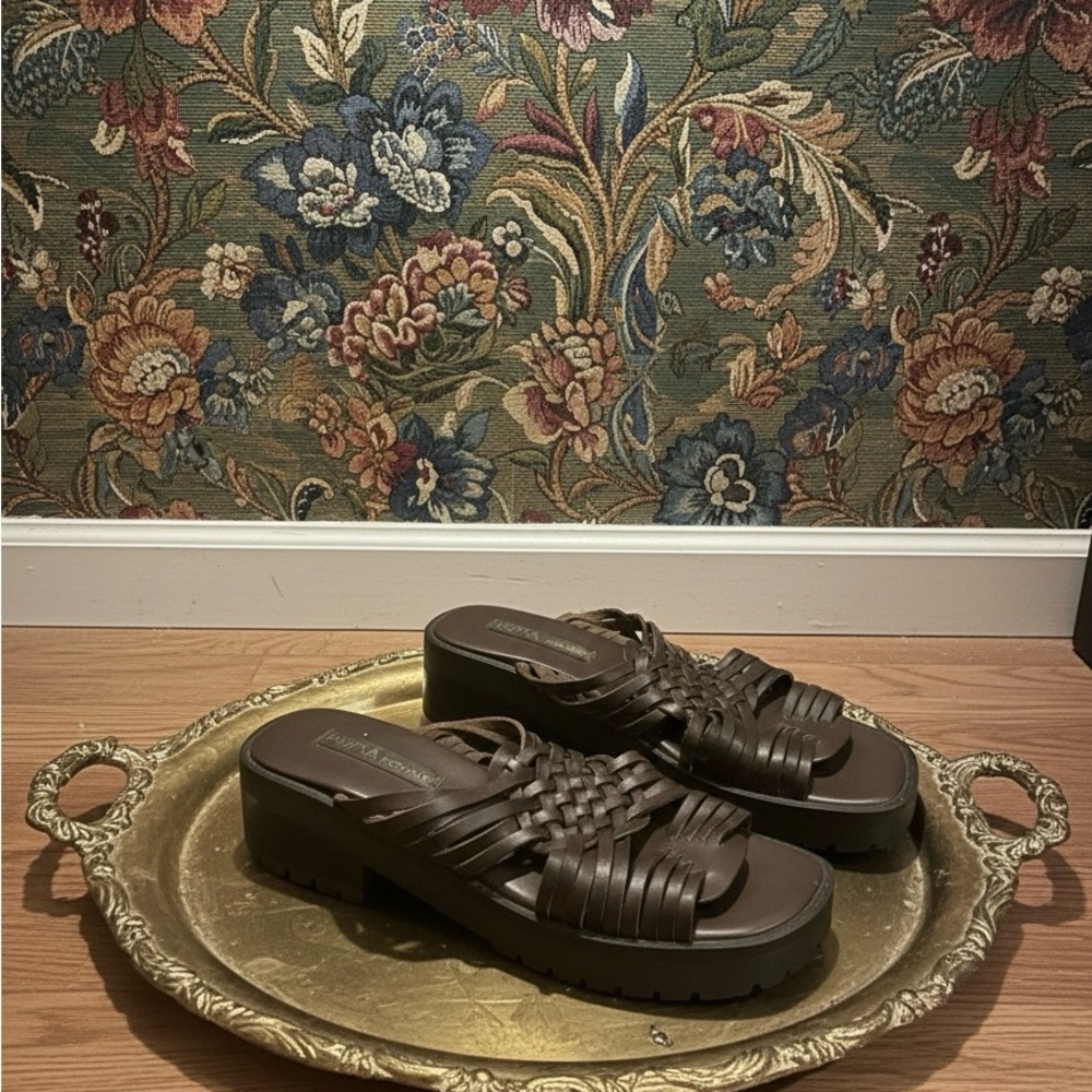 Vintage Boho Woven Leather Platform Sandals • 90s Chunky Mules Size 8‎